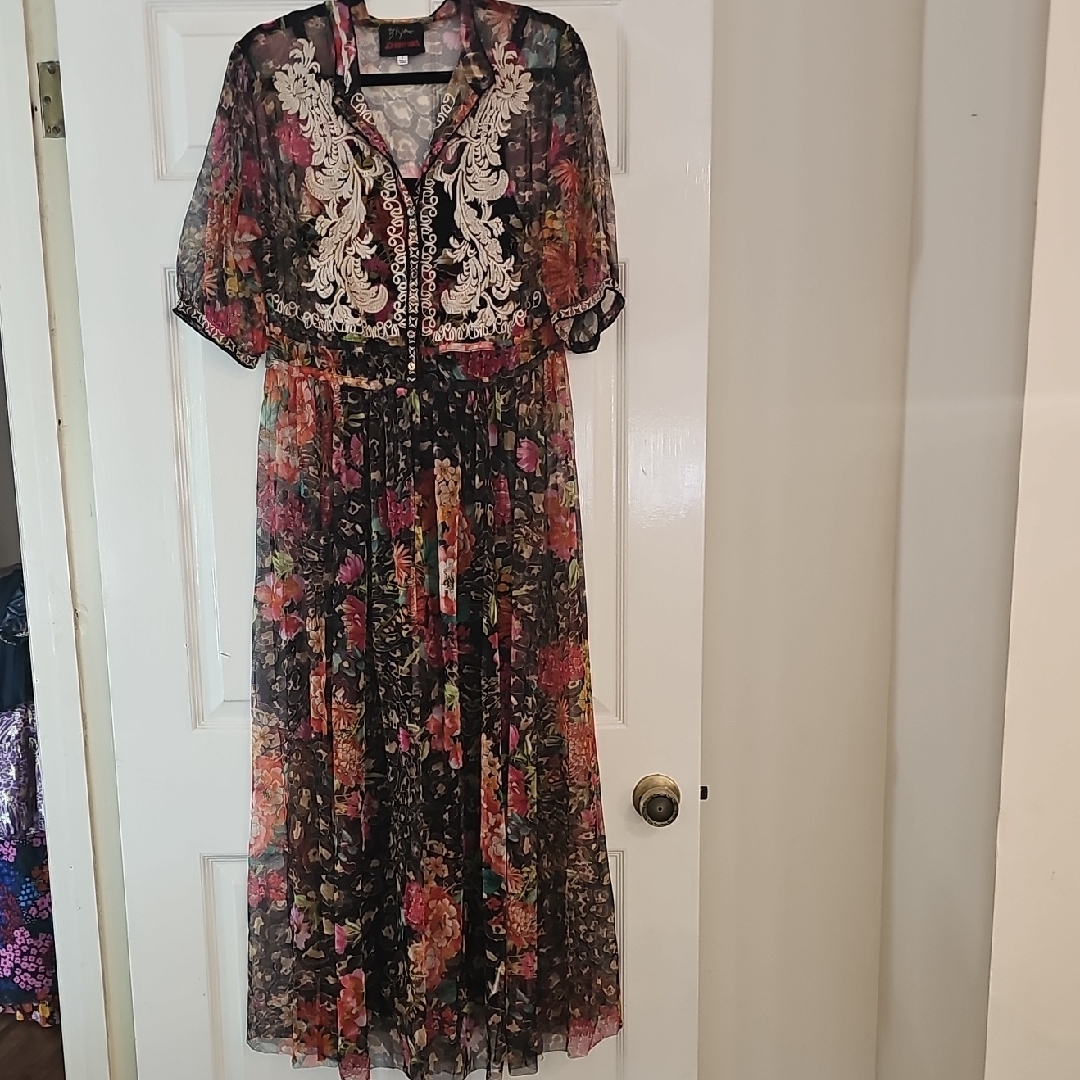 Johnny Was Black Floral Embroidered Midi Dress